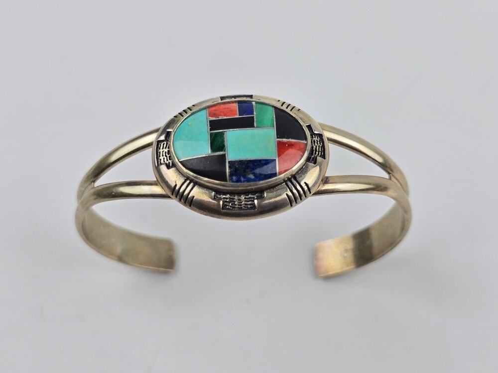 Carolyn Pollack Relios Sterling Silver Multi Stone Inlay Cuff Bracelet Size 6.5